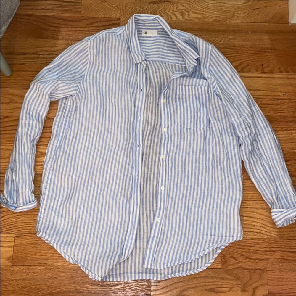 Blue and white striped linen button down